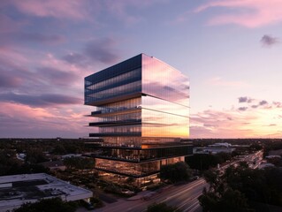 Aufkleber - Sustainable Urban Innovation Reflective Glass Skyscraper Redefining Architectural Efficiency with Twilight Thermal Dynamics and Next-Gen Corporate Design