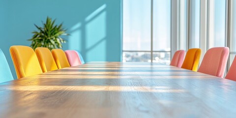 Poster - Vibrant Collaborative Workspace Modern Minimalist Conference Room with Color-Blocked Ergonomic Chairs Showcasing Creative Design and Inclusive Team Dynamics