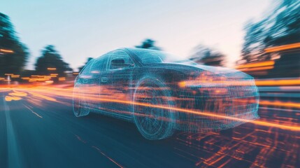 Aufkleber - Quantum Mobility Cutting-Edge Autonomous Vehicle Visualization in Translucent Digital Wireframe - Next-Gen Transportation Innovation for Smart Urban Mobility Ecosystems