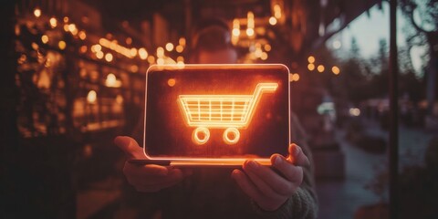 Aufkleber - Immersive Digital Commerce Illuminated AR Shopping Cart Hologram Transforming Retail Experience through Cutting-Edge Mobile Technology and Personalized Consumer Engagement