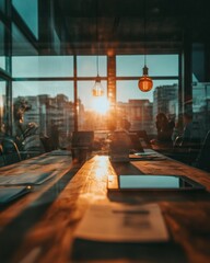 Aufkleber - Illuminated Strategy Golden Hour Workspace Design Showcasing Collaborative Innovation and Mindful Corporate Transformation for Next-Gen Professional Environments