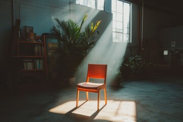 Poster - Mindfulness Sanctuary Minimalist Industrial Space with Vibrant Orange Chair - Wellness Design for Mental Reset, Creative Productivity and Modern Workplace Evolution