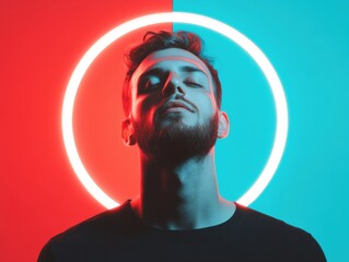 Fototapete - Cyberpunk Mindfulness Immersive Neon Digital Wellness Portrait - Zen Tech Generations Mental Performance and Creative Flow Visualization