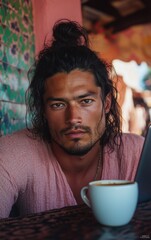 Poster - Digital Nomad Lifestyle Mindful Gen Z Remote Worker Embracing Global Connectivity in Vibrant Moroccan Medina - Authentic Workspace Inspiration for Modern Professionals