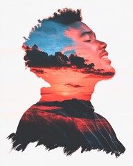 Poster - Vibrant Mindful Exposure Sunset Double-Exposure Portrait Celebrating Gen Z Creativity and Emotional Wellness in Digital Art Design