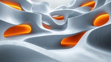Poster - Abstract 3D Render: Glowing Orange Forms within White Organic Architecture