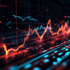 Poster - Abstract Financial Data Visualization: Red and Blue Glowing Lines and Charts on Black Background.