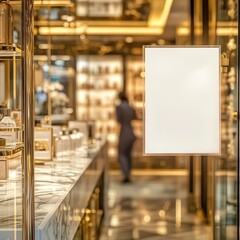 Poster - Luxury Boutique Window Display with Blank Sign and Gold Accents - Perfect for Marketing