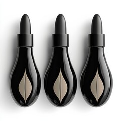 Aufkleber - Sleek Black Dropper Bottles for Cosmetics, Serums, or Oils with Minimalist Leaf-Shaped Design on a Clean White Background