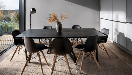 Poster - A modern dining area featuring a sleek black table surrounded by stylish chairs, illuminated by natural light and showcasing minimalist decor