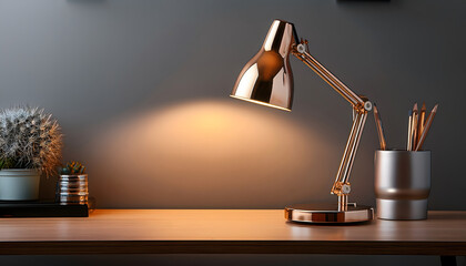 Poster - Modern desk setup featuring a chrome lamp, pencil holder, and decorative plant, creating a stylish workspace ambiance