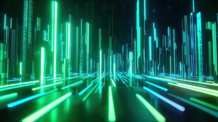 Poster - A vibrant digital landscape featuring glowing vertical lines in green and blue, creating an immersive and futuristic atmosphere.