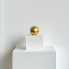 Poster - A golden sphere sits atop a white cube, creating a minimalist and elegant aesthetic against a plain wall.