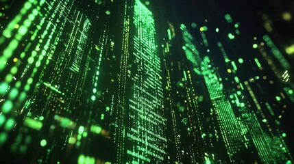 Poster - A visualization of cascading green binary code, resembling a digital landscape filled with data streams.