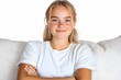 © Supriyono - Teenage girl with blond hair and freckles smiles while sitting on a cream-colored couch, arms crossed . AI generative