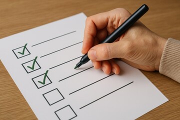 Fototapete - Checklist in Progress: A close-up of a hand with a pen marking a checklist, symbolizing tasks and progress in a crisp, clean environment.