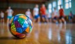 © Rizal - A colorful, multicolored ball lies on the wooden floor of an indoor gymnasium in front of blurry figures dressed as teenagers playing sports.