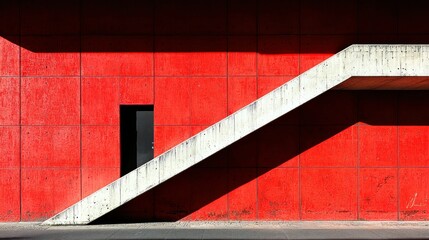 Poster - Red Wall, White Staircase, Minimalist Architecture Photography