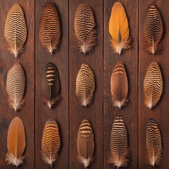 Poster - An abundant bunch of soft and colorful feathers arranged on a rustic wooden surface for display