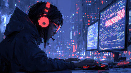 focused programmer working on code in futuristic cityscape, glowing neon lights surround