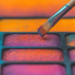 Poster - Close-up of a brush artistically painting a palette with a variety of colors for creative projects