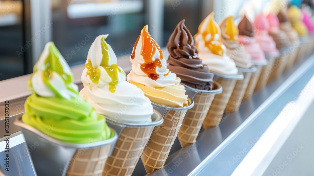Colorful soft serve ice cream cones in a row, displayed in a freezer ...