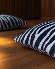 Poster - Two soft decorative pillows resting comfortably on a warm wooden floor creating a cozy atmosphere