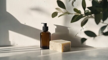 Poster - Minimalistic Mockup of Cosmetic Bottle and Soap on Elegant Surface