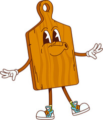 Poster - cartoon groovy cutting board character with funny face, vector kitchenware utensil. groovy wooden ch