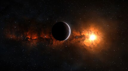 Wall Mural - a dark planet circles a shining star, surrounded by colorful cosmic clouds in deep space. the rich d