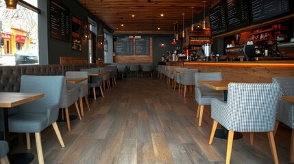Poster - Inviting restaurant interior featuring a warm wooden floor complementing its cozy dining atmosphere