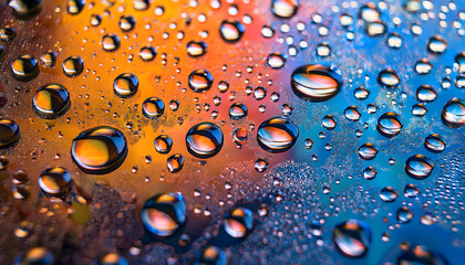 Fototapete - Colorful droplets of water on a surface create a visually striking abstract pattern, showcasing reflections and light play