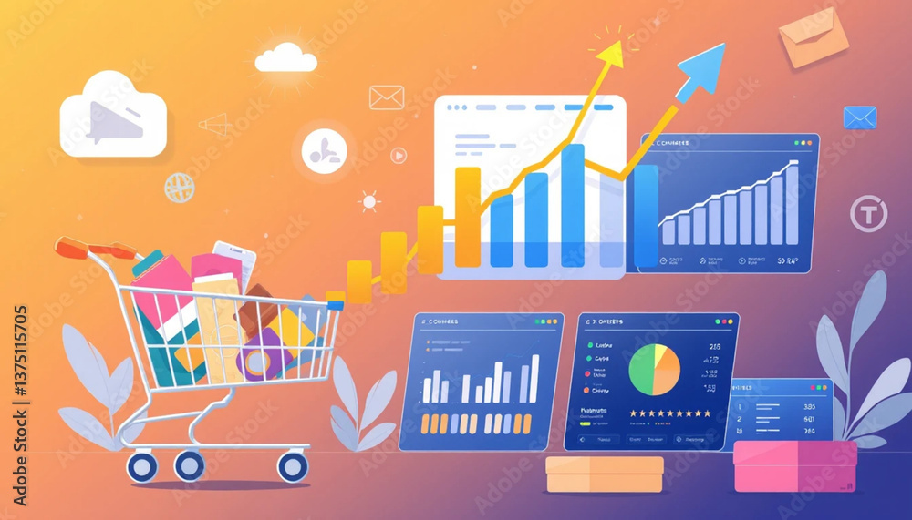 stylized digital bar graph showing a steady increase... Sales growth concept with a rising bar chart, shopping cart ...
