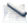© Mr - A rolled-up blueprint with architectural drawings, isolated on transparent background