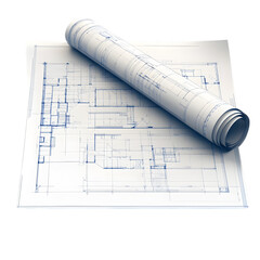 A rolled-up blueprint with architectural drawings, isolated on transparent background