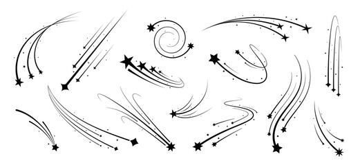Wall Mural - shooting sky stars, meteors and comets with tails and speed trail lines, vector space galaxy, magic 