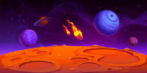 Poster - Galaxy alien space planet landscape with falling fire comets cartoon background. Vector space game alien universe red planet with rocks and craters, futuristic galaxy starry sky with comet shower