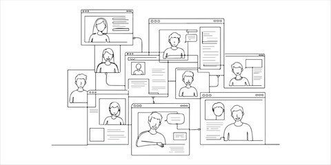 people in web pages windows leading discussion continuous single line art drawing sketch on white background