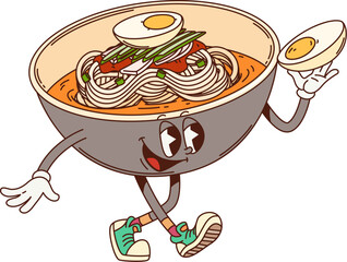 Poster - korean cuisine cartoon noodles character with funny face, vector asian soup bowl. groovy korean nood