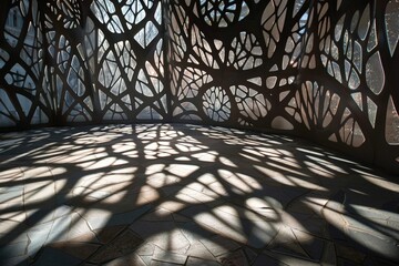 Poster - a lattice structure casts intricate patterns of light and shadow on the ground below, intricate patt