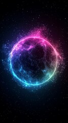 Poster - Colorful Neon Sphere With Bright Lines of Energy Circling in a Dark Space Background