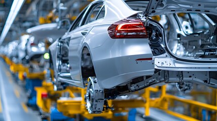 Poster - Workers in a car manufacturing plant assembling vehicle parts on an assembly line, automotive assembly process, mass production