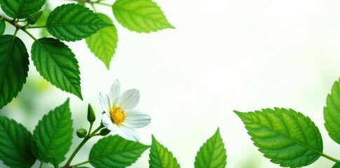 Wall Mural - Lush green leaves surround a delicate flower isolated on white background, clean, pure, leafy greens