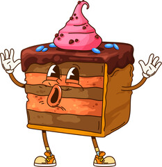 Poster - funny groovy cake dessert cartoon sweet character with comic face, vector pastry emoji. groovy cake 