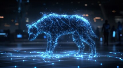 Poster - Futuristic Digital Wolf in Wireframe Art Style with High-Tech Background Glowing Effects