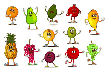 Poster - cartoon retro groovy fruit characters with funny happy faces, vector emoji personages. funky groovy 