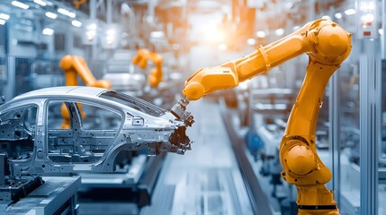 Poster - Large industrial robots moving automotive parts on a production line, automotive robotics, high-tech manufacturing