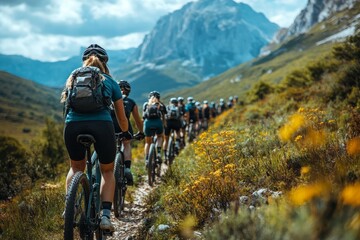 Poster - A group of friends cycles along a winding trail surrounded by majestic mountains and colorful wildflowers, embracing the beauty of nature during their adventure Generative AI