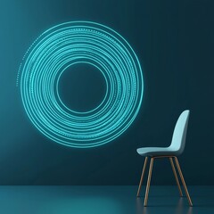 Poster - Modern Chair with Abstract Light Circle Design on Dark Wall in Minimalist Interior