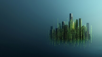 Poster - Futuristic Cityscape with Green Binary Code in a Misty Urban Environment